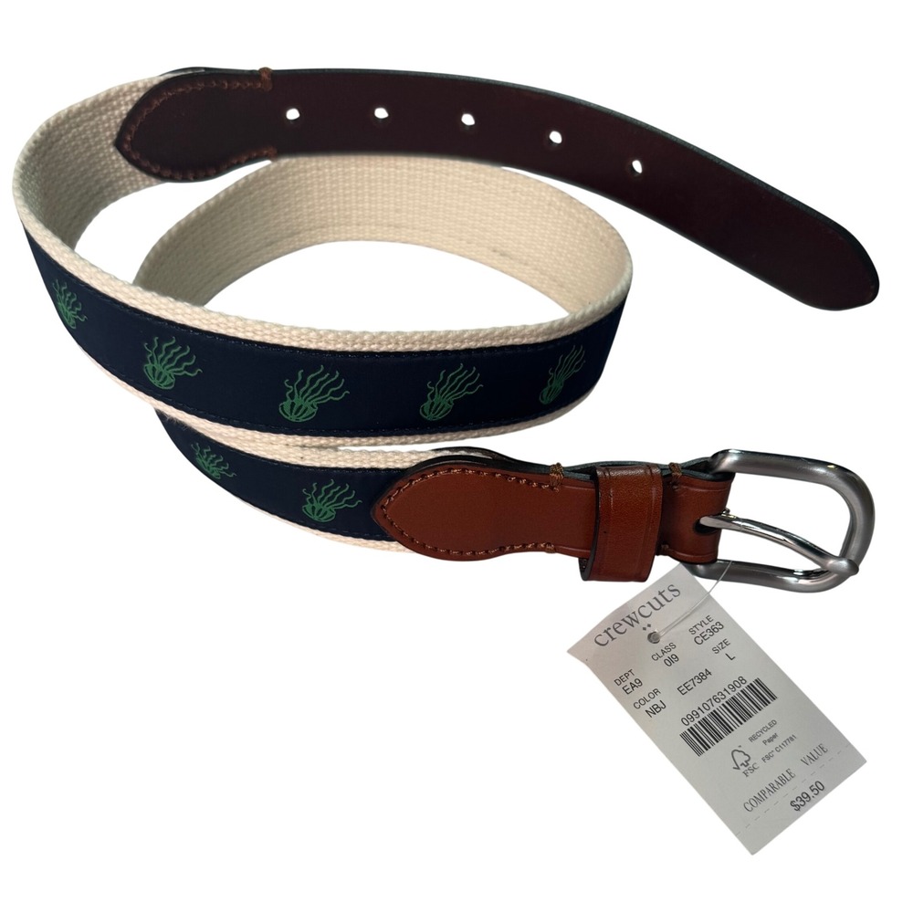 Crewcuts J.Crew Boys Belt Navy Cream Jellyfish Leather Trim CE363 Size L NEW